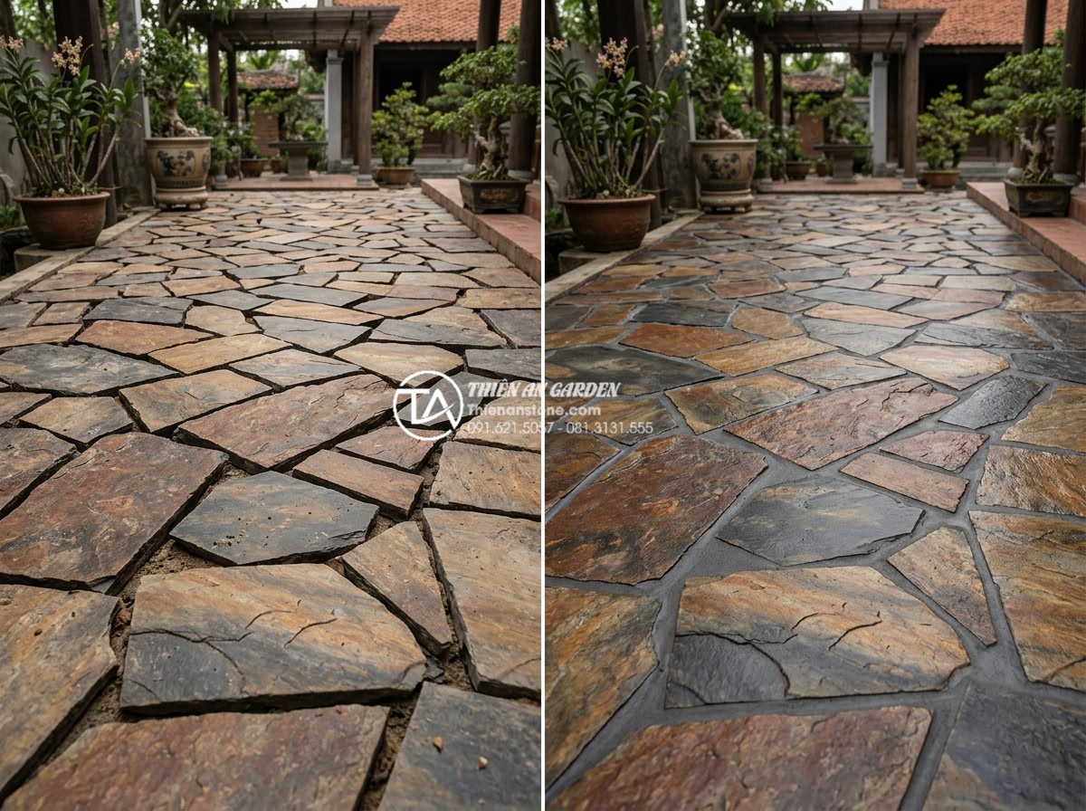 Kỹ thuật chà ron đá rối: Bí quyết để có mạch đá đều và đẹp - Before and after comparison image showing ungrouted vs professionally grouted ch