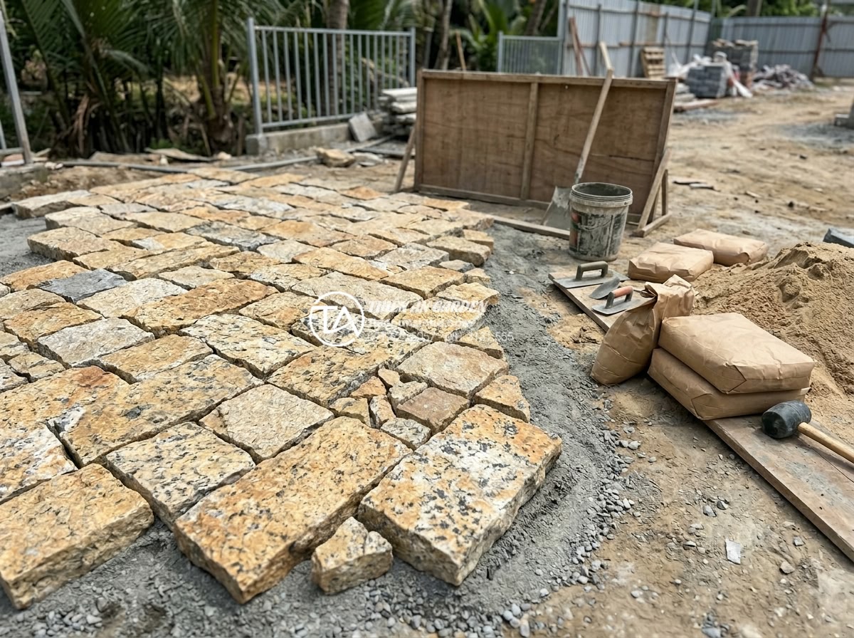 Kỹ thuật chà ron đá rối: Bí quyết để có mạch đá đều và đẹp - Preparation stage of chaotic stone paving showing leveled base foundation, selec