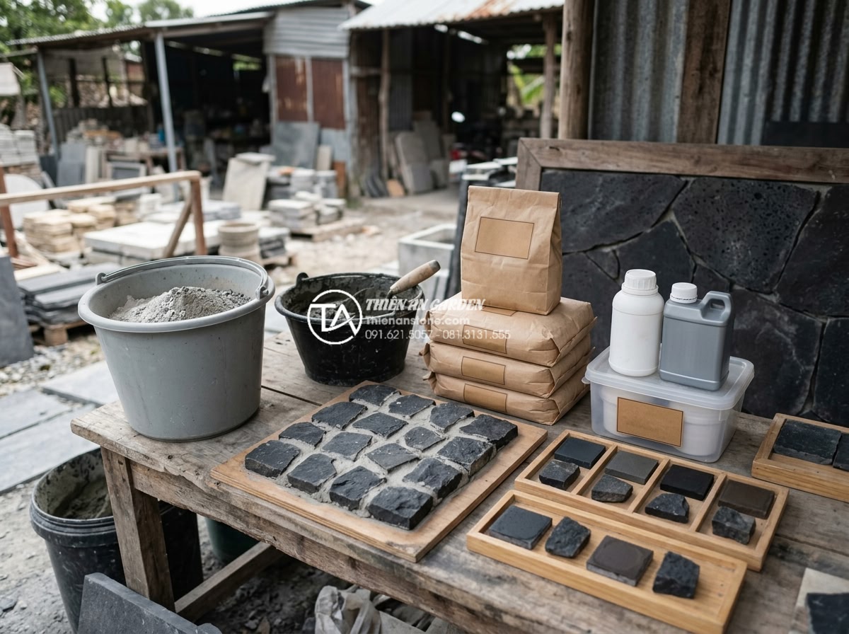 Kỹ thuật chà ron đá rối: Bí quyết để có mạch đá đều và đẹp - Various types of grouting mortar and materials displayed for natural stone chaot