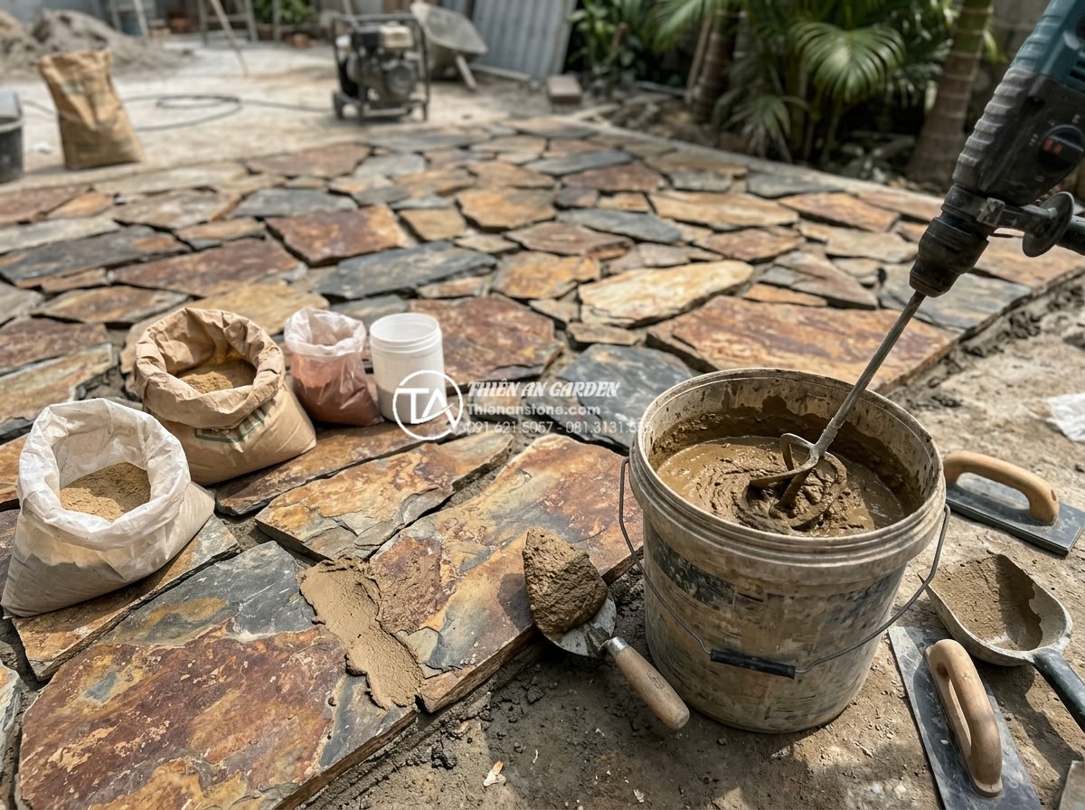 Kỹ thuật chà ron đá rối: Bí quyết để có mạch đá đều và đẹp - Professional selection of grouting mortar being mixed for chaotic stone applicat