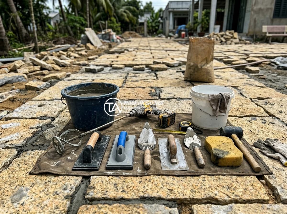 Kỹ thuật chà ron đá rối: Bí quyết để có mạch đá đều và đẹp - Set of professional tools for stone grouting including trowels, grout floats, sp