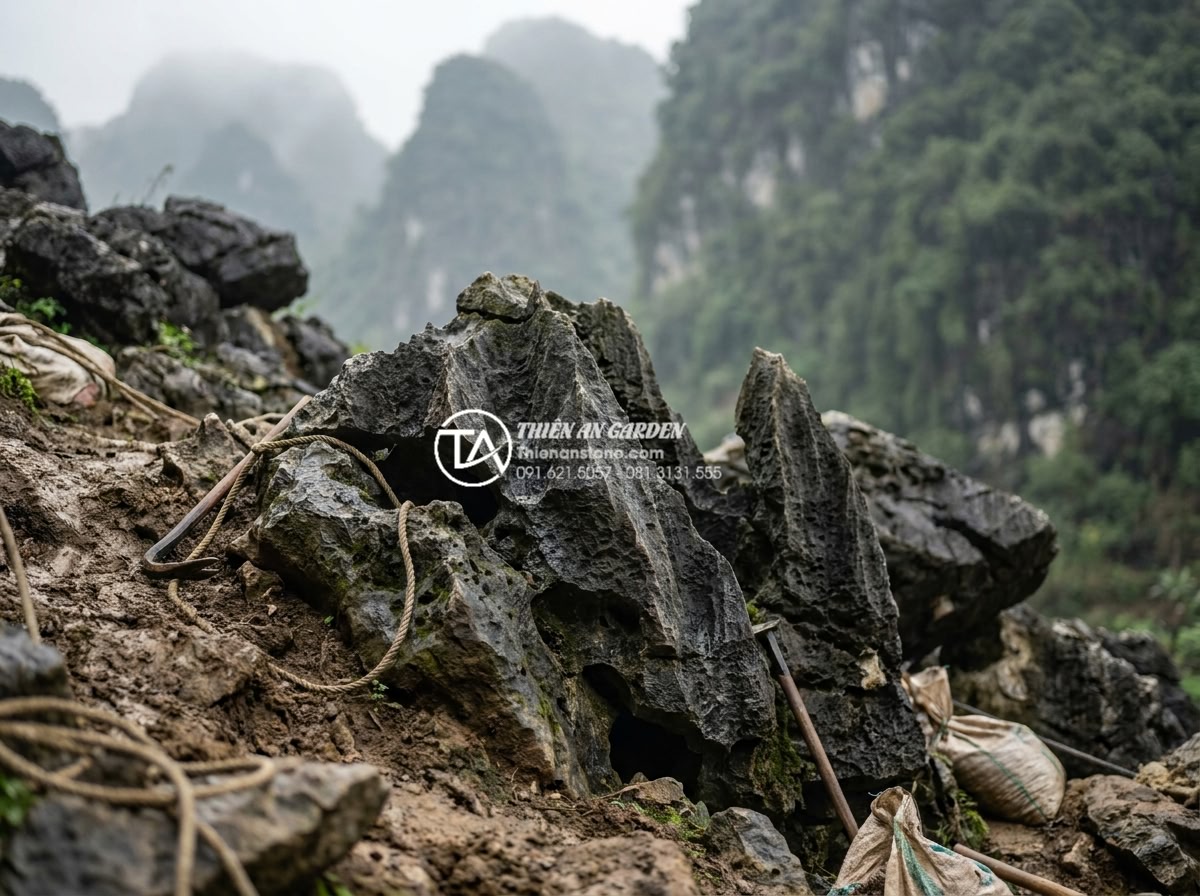 Quy trình khai thác đá tai mèo tại các vùng núi phía Bắc - Close-up view of natural jagged cat ear stones with sharp pointed formations and