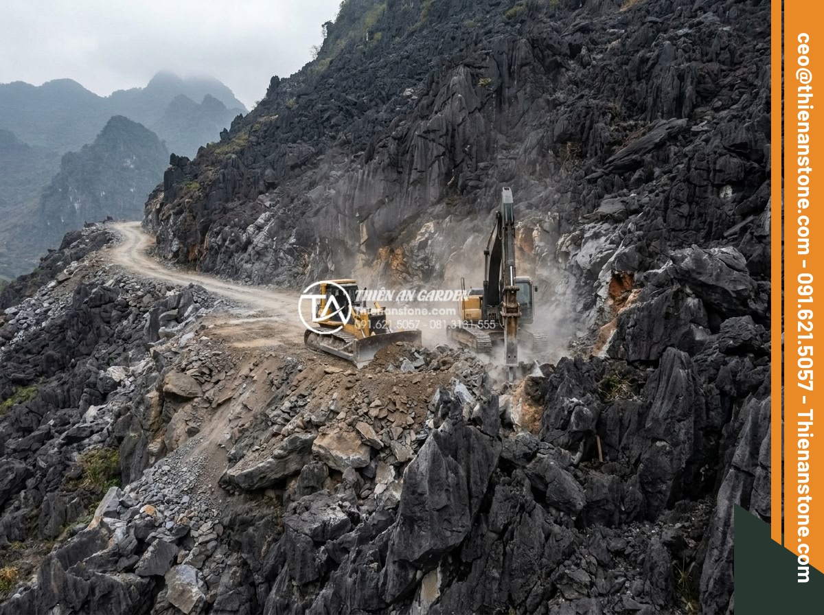 Quy trình khai thác đá tai mèo tại các vùng núi phía Bắc - Hình 10 Quy trình khai thác đá tai mèo tại các vùng núi phía Bắc - Heavy machinery preparing quarry platforms and temporary roads amidst rocky cat