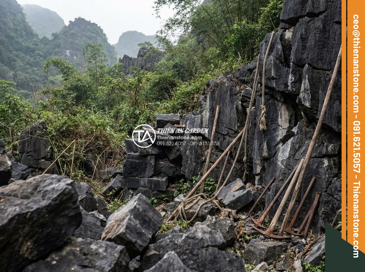 Quy trình khai thác đá tai mèo tại các vùng núi phía Bắc - Hình 12 Quy trình khai thác đá tai mèo tại các vùng núi phía Bắc - Local highland communities manually quarrying pointed limestone cat ear rocks wi