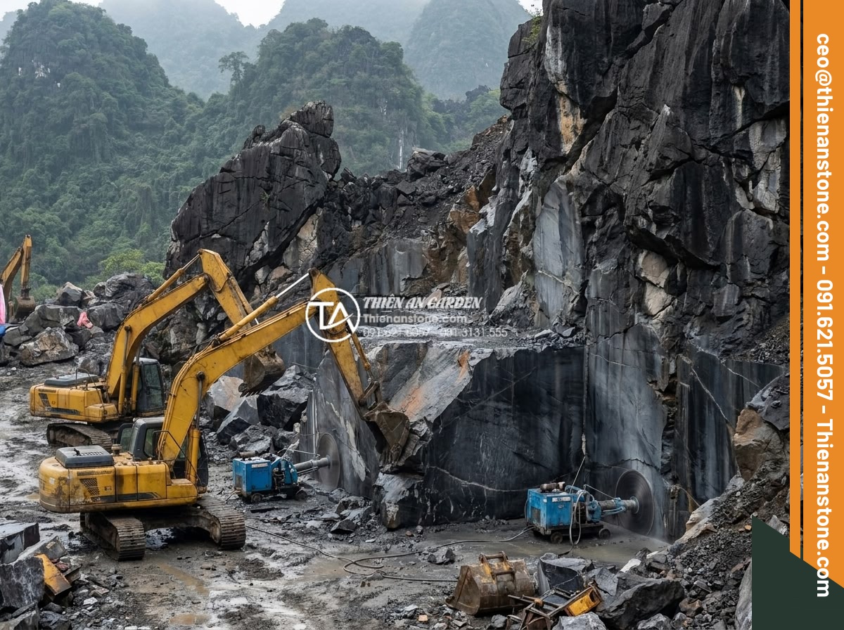 Quy trình khai thác đá tai mèo tại các vùng núi phía Bắc - Hình 13 Quy trình khai thác đá tai mèo tại các vùng núi phía Bắc - Modern diamond wire saws and heavy machinery cutting and lifting large cat ear s