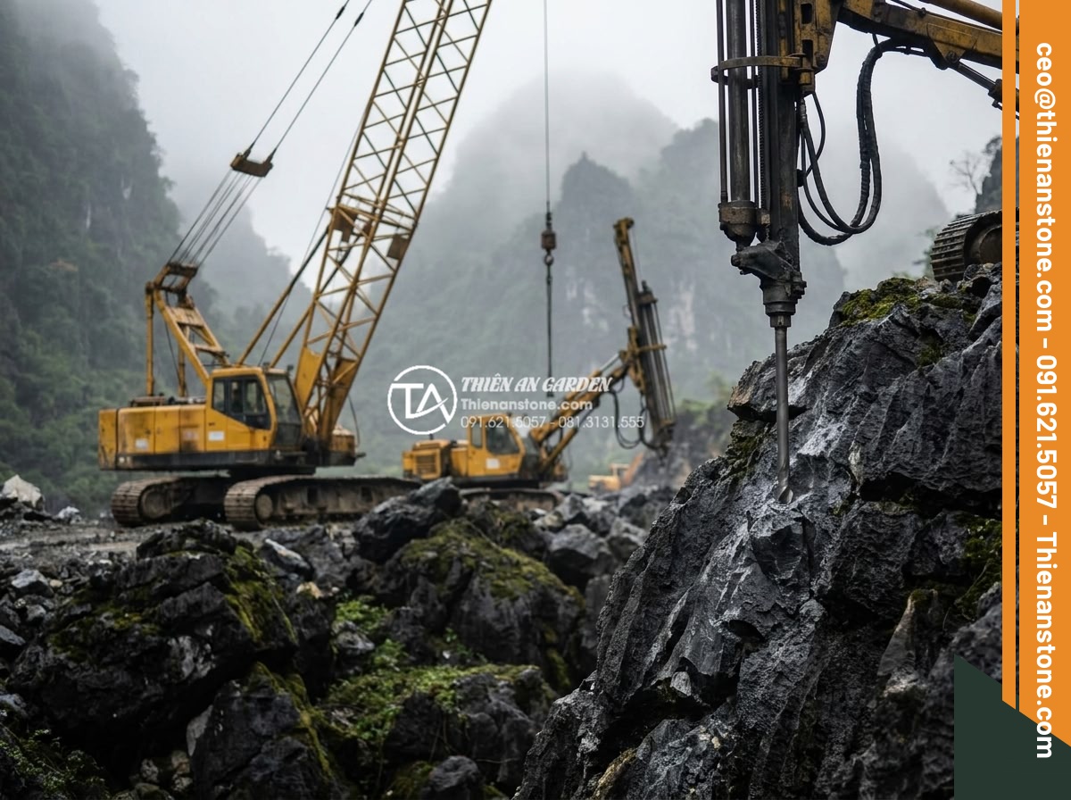 Quy trình khai thác đá tai mèo tại các vùng núi phía Bắc - Hình 14 Quy trình khai thác đá tai mèo tại các vùng núi phía Bắc - Advanced quarrying equipment including cranes and drills operating on cat ear st