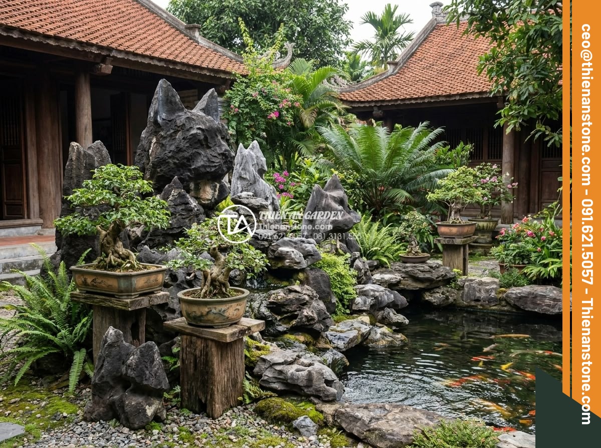 Quy trình khai thác đá tai mèo tại các vùng núi phía Bắc - Hình 19 Quy trình khai thác đá tai mèo tại các vùng núi phía Bắc - Beautiful garden landscaping with cat ear stones used in rockeries, koi ponds, a
