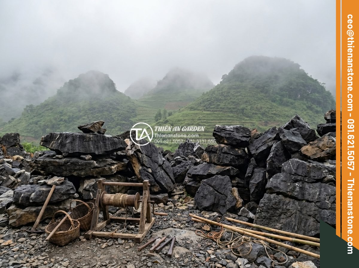 Quy trình khai thác đá tai mèo tại các vùng núi phía Bắc - Hình 2 Quy trình khai thác đá tai mèo tại các vùng núi phía Bắc - Panoramic scene of a stone quarry in northern Vietnamese mountains featuring pil