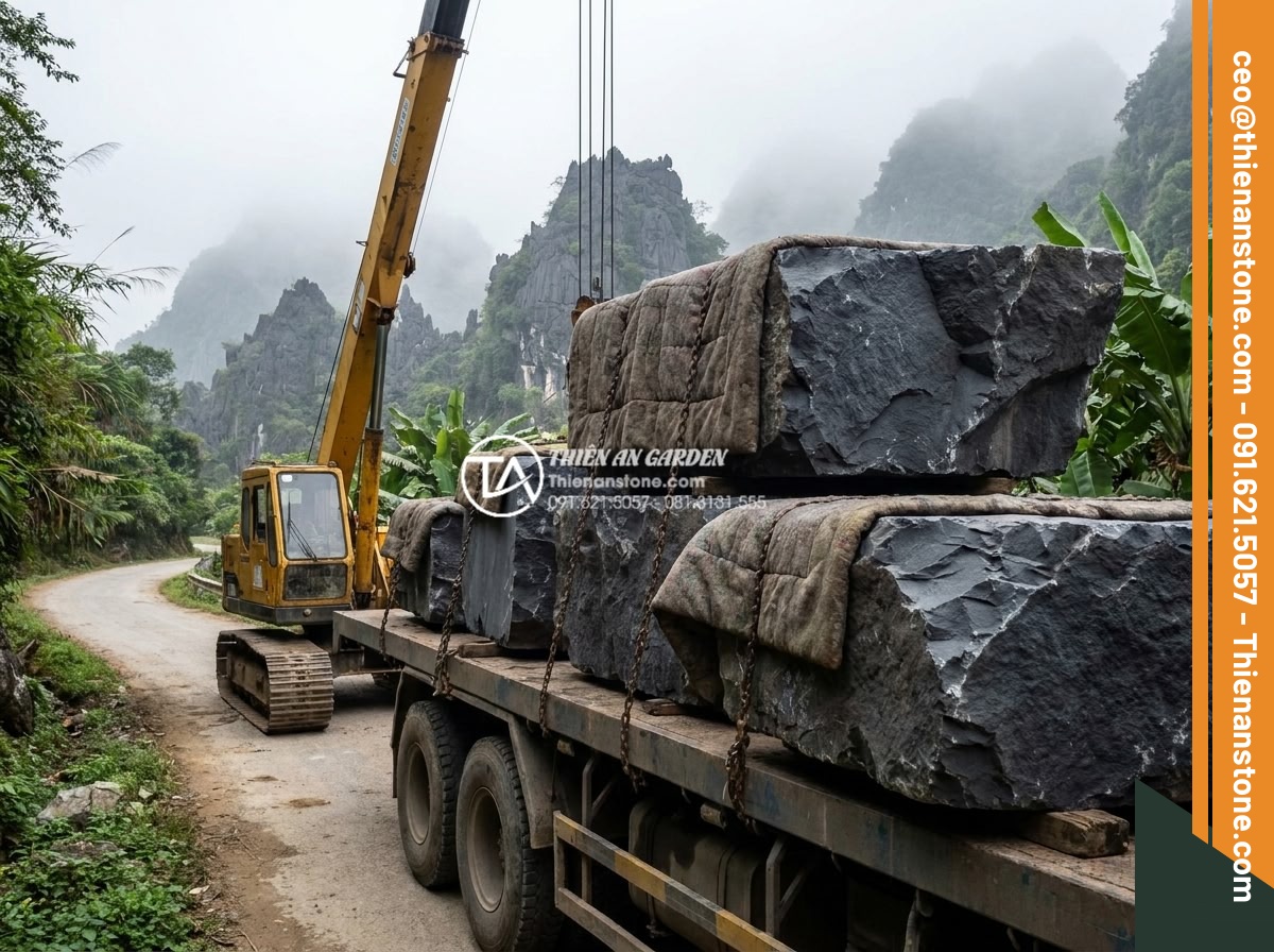 Quy trình khai thác đá tai mèo tại các vùng núi phía Bắc - Hình 21 Quy trình khai thác đá tai mèo tại các vùng núi phía Bắc - Safe transportation of large cat ear stone blocks using padded trucks and cranes