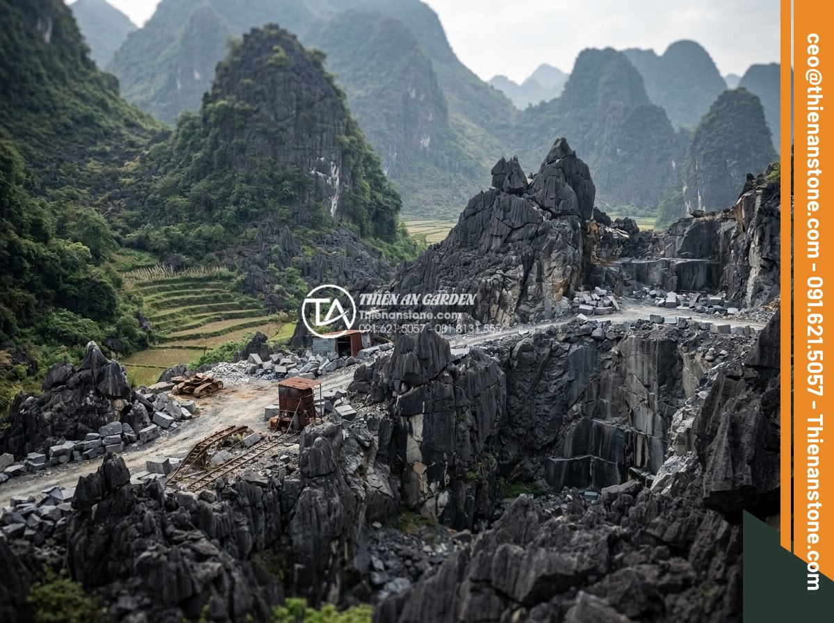 Quy trình khai thác đá tai mèo tại các vùng núi phía Bắc - Hình 6 Quy trình khai thác đá tai mèo tại các vùng núi phía Bắc - Detailed landscape of active stone mines in North Vietnam highlands featuring ca