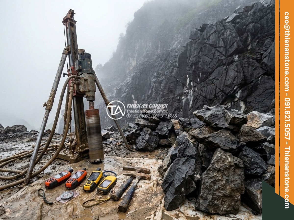 Quy trình khai thác đá tai mèo tại các vùng núi phía Bắc - Hình 7 Quy trình khai thác đá tai mèo tại các vùng núi phía Bắc - Geologists surveying cat ear stone deposits in northern Vietnamese mountain quar