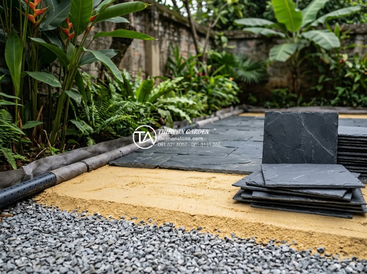 Quy trình lát sân bằng đá rối: Checklist 5 bước đạt chuẩn chuyên gia - Completed stable foundation with gravel base, sand layer, and drainage system re