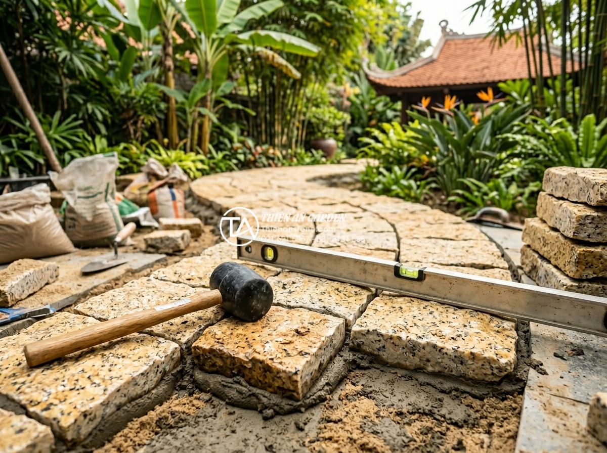 Quy trình lát sân bằng đá rối: Checklist 5 bước đạt chuẩn chuyên gia - Skilled masons using rubber mallets and levels to precisely install tumbled natu