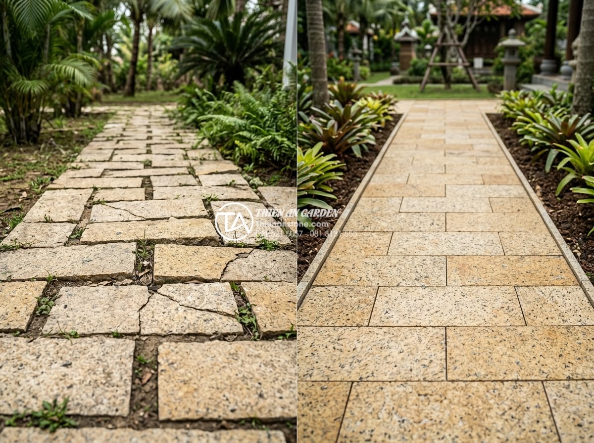 Quy trình lát sân bằng đá rối: Checklist 5 bước đạt chuẩn chuyên gia - Before and after comparison showing common mistakes in stone paving corrected by