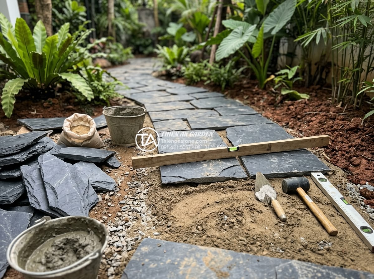 Quy trình lát sân bằng đá rối: Checklist 5 bước đạt chuẩn chuyên gia - Expert team fixing uneven stone paving issues on a garden project site