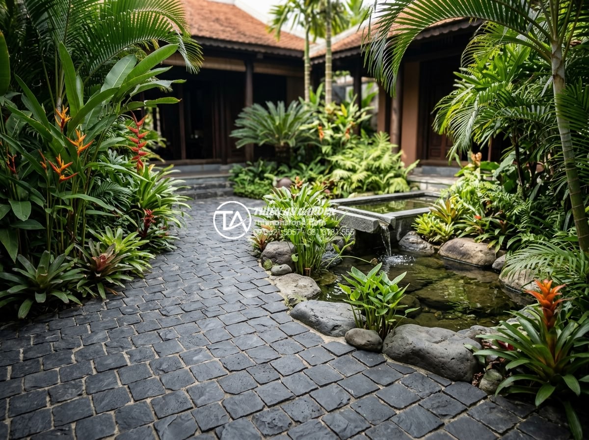 Quy trình lát sân bằng đá rối: Checklist 5 bước đạt chuẩn chuyên gia - Real-world luxury villa garden with professionally paved tumbled stone courtyard