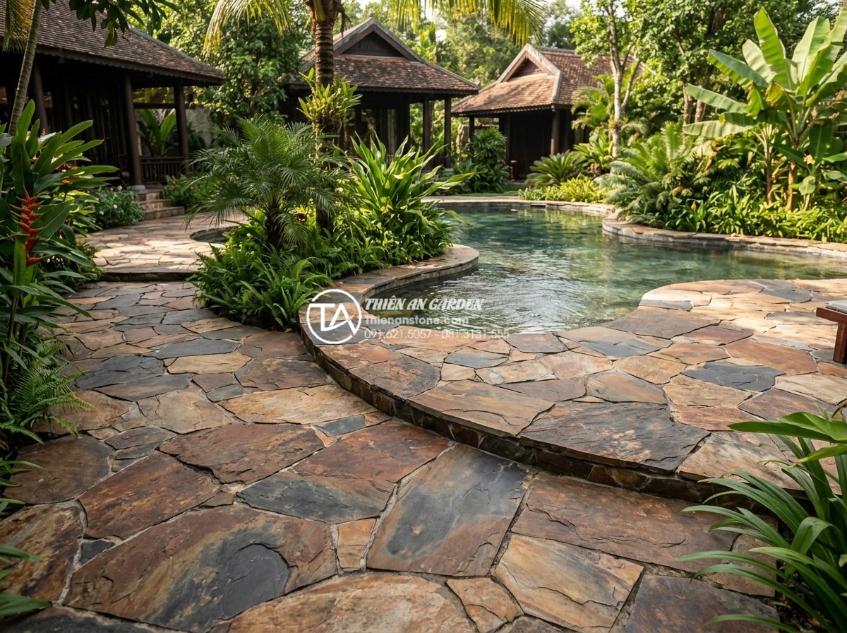 Quy trình lát sân bằng đá rối: Checklist 5 bước đạt chuẩn chuyên gia - Resort-style outdoor space featuring extensive irregular natural stone paving in