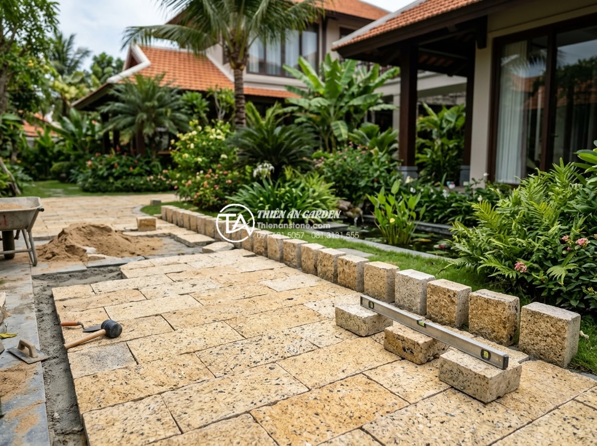 Quy trình lát sân bằng đá rối: Checklist 5 bước đạt chuẩn chuyên gia - Professional team from stone company completing high-end natural stone paving pr