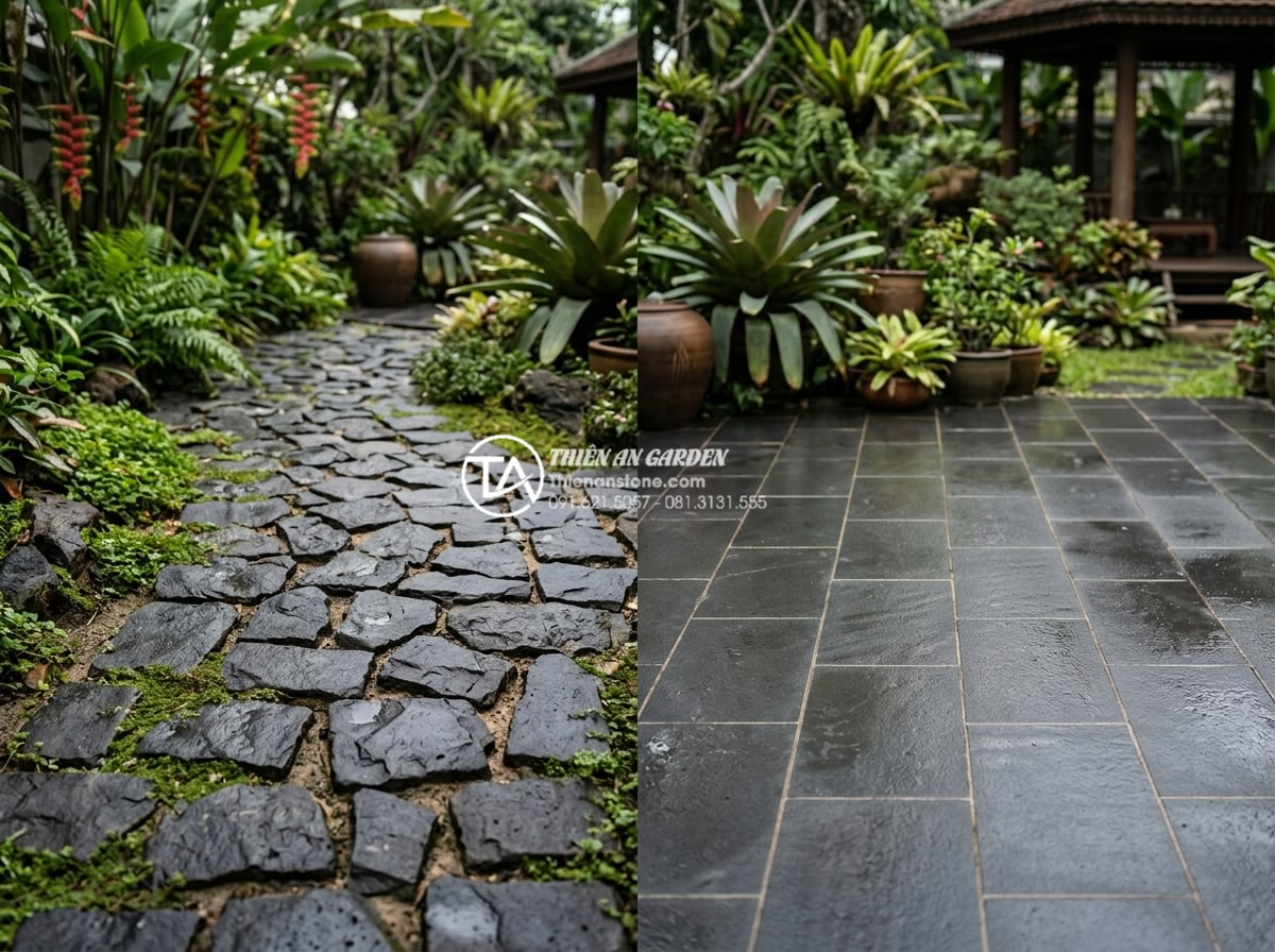 Quy trình lát sân bằng đá rối: Checklist 5 bước đạt chuẩn chuyên gia - Beautiful comparison photo of irregular tumbled stone garden paving versus strai