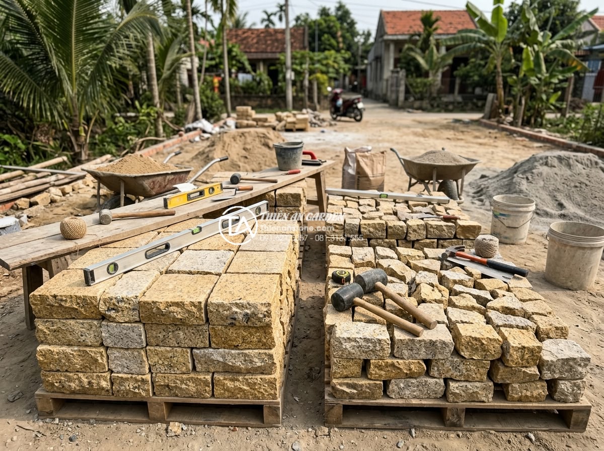 Quy trình lát sân bằng đá rối: Checklist 5 bước đạt chuẩn chuyên gia - Professional preparation scene for stone paving project, showing stacks of sorte