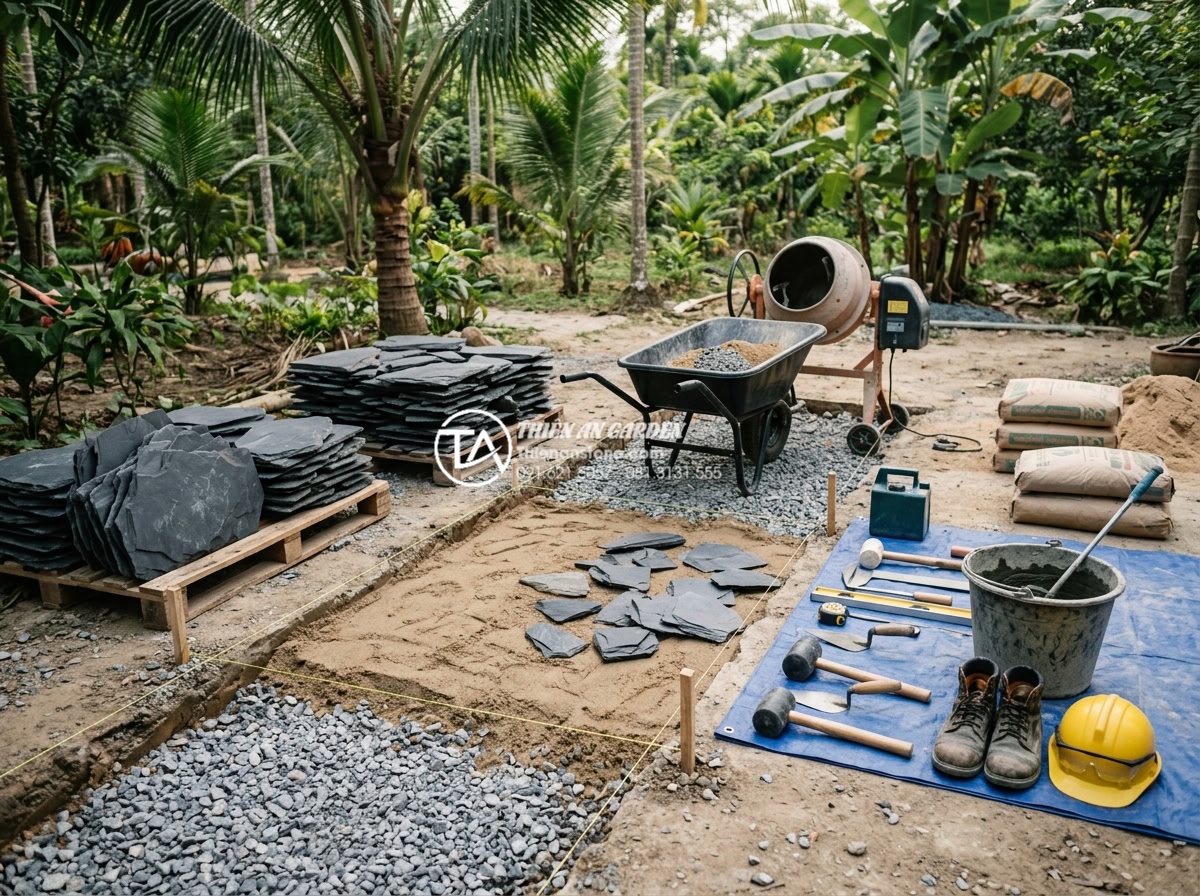 Quy trình lát sân bằng đá rối: Checklist 5 bước đạt chuẩn chuyên gia - Organized construction site setup for garden stone paving, with tools, materials