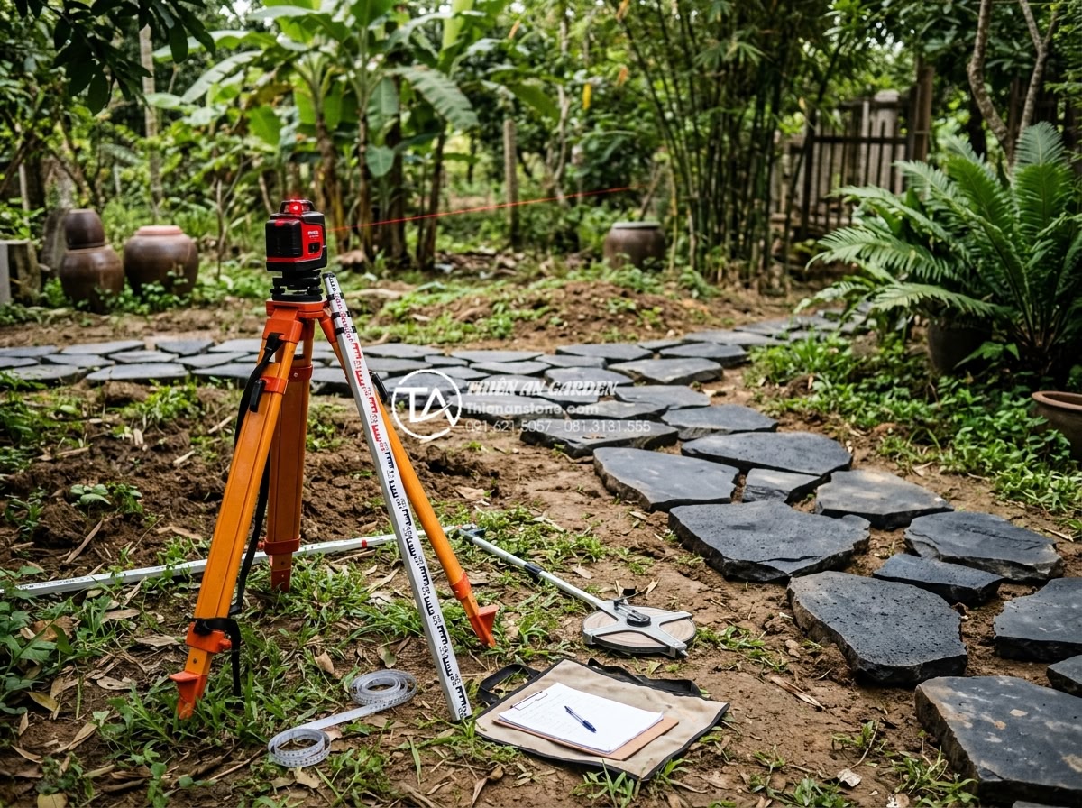 Quy trình lát sân bằng đá rối: Checklist 5 bước đạt chuẩn chuyên gia - Engineer conducting site survey for stone paving project, using laser level and 