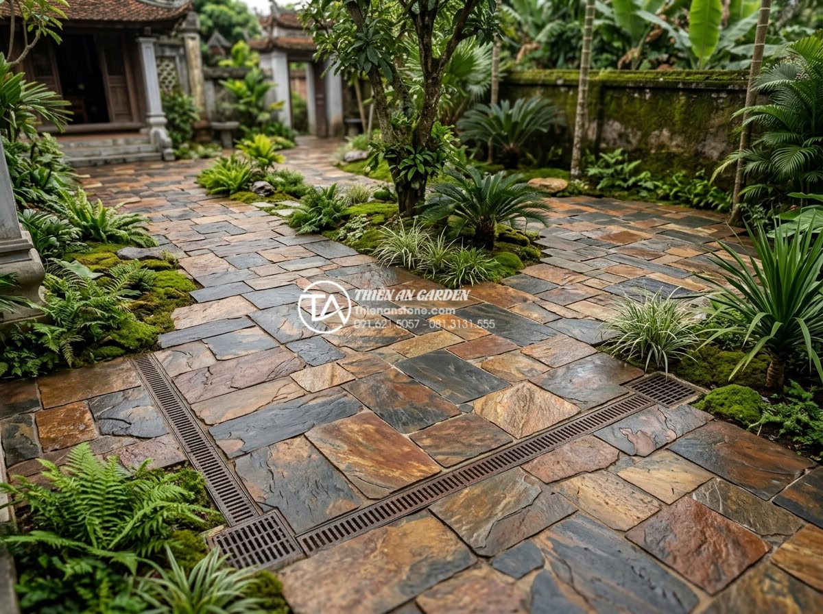 Quy trình lát sân bằng đá rối: Checklist 5 bước đạt chuẩn chuyên gia - Detailed 3D architectural rendering of planned tumbled stone garden paving layou