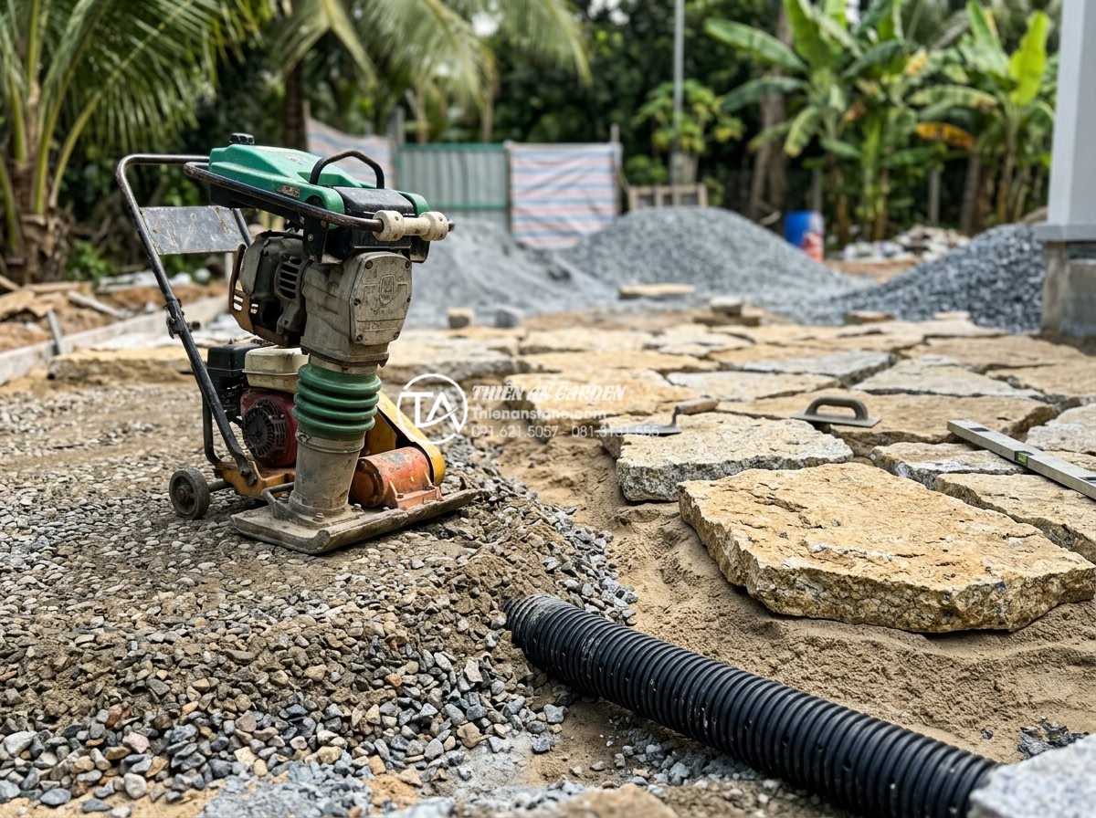 Quy trình lát sân bằng đá rối: Checklist 5 bước đạt chuẩn chuyên gia - Construction workers compacting base layer with gravel and sand for durable irre