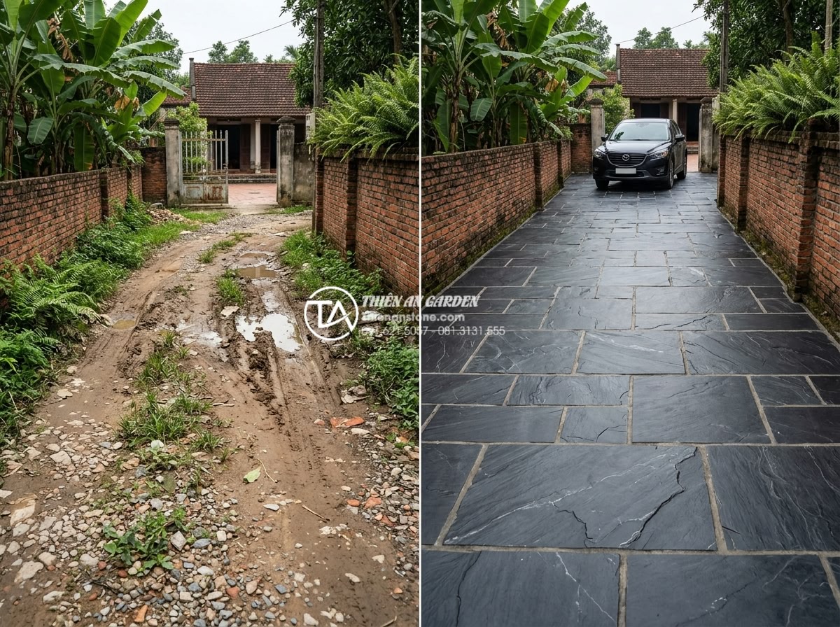 Review độ bền đá rối đen Lai Châu khi lát đường đi ô tô - Before and after comparison of properly installed black stone driveway overcomin