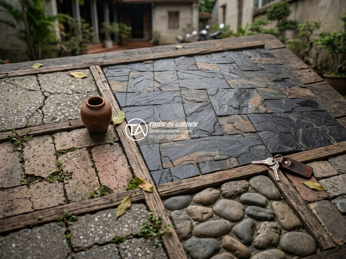 Review độ bền đá rối đen Lai Châu khi lát đường đi ô tô - Visual collage of various stone types used in driveways with black Lai Chau high