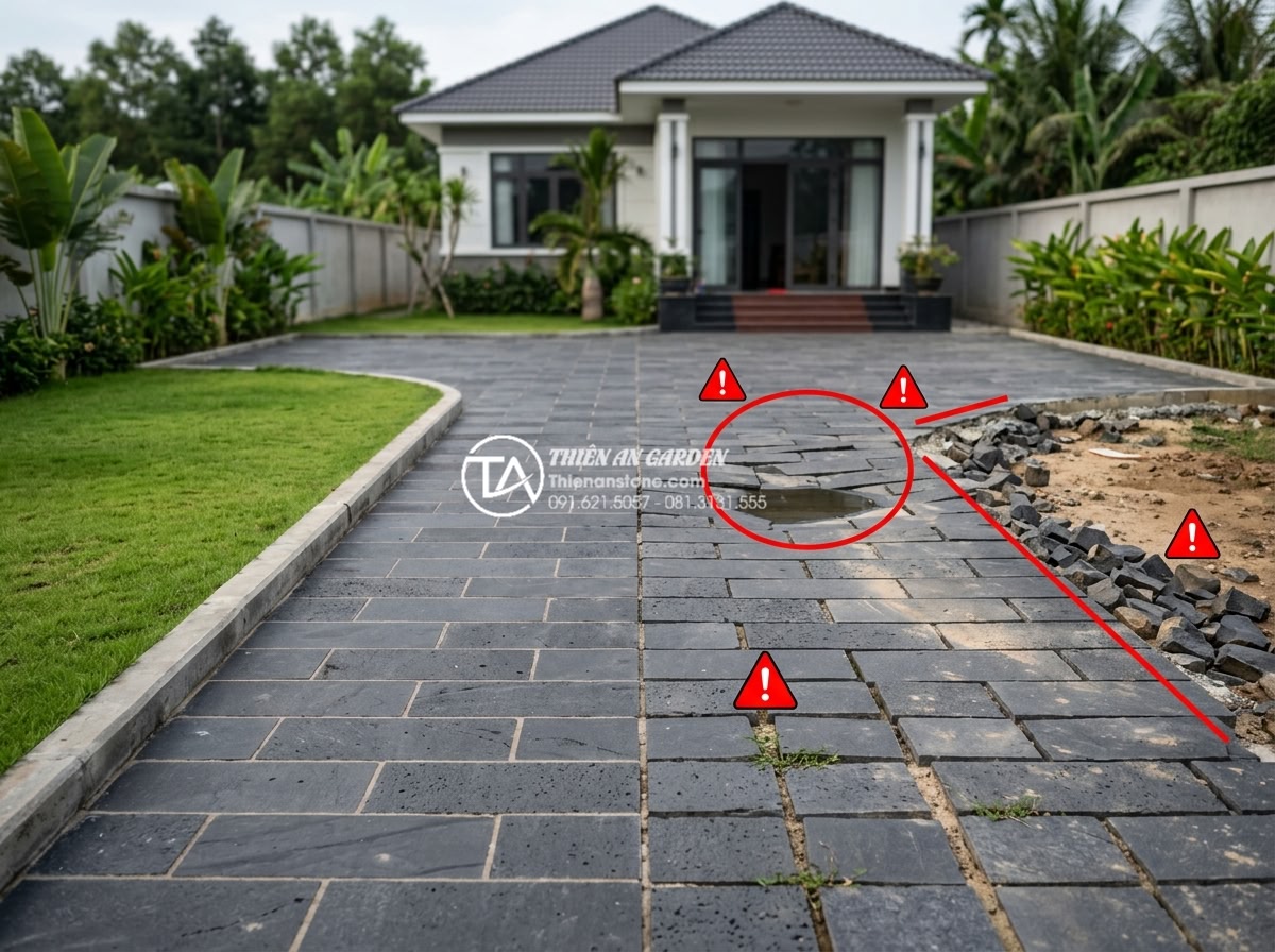 Review độ bền đá rối đen Lai Châu khi lát đường đi ô tô - Common mistakes in stone driveway installation with red warning highlights and c