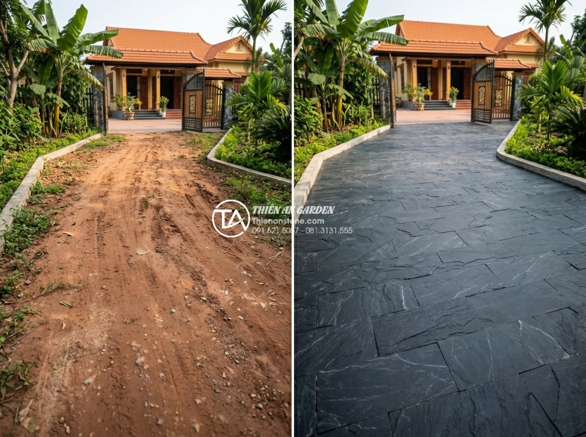 Review độ bền đá rối đen Lai Châu khi lát đường đi ô tô - Before-after real case study images of durable stone driveway projects in Vietna
