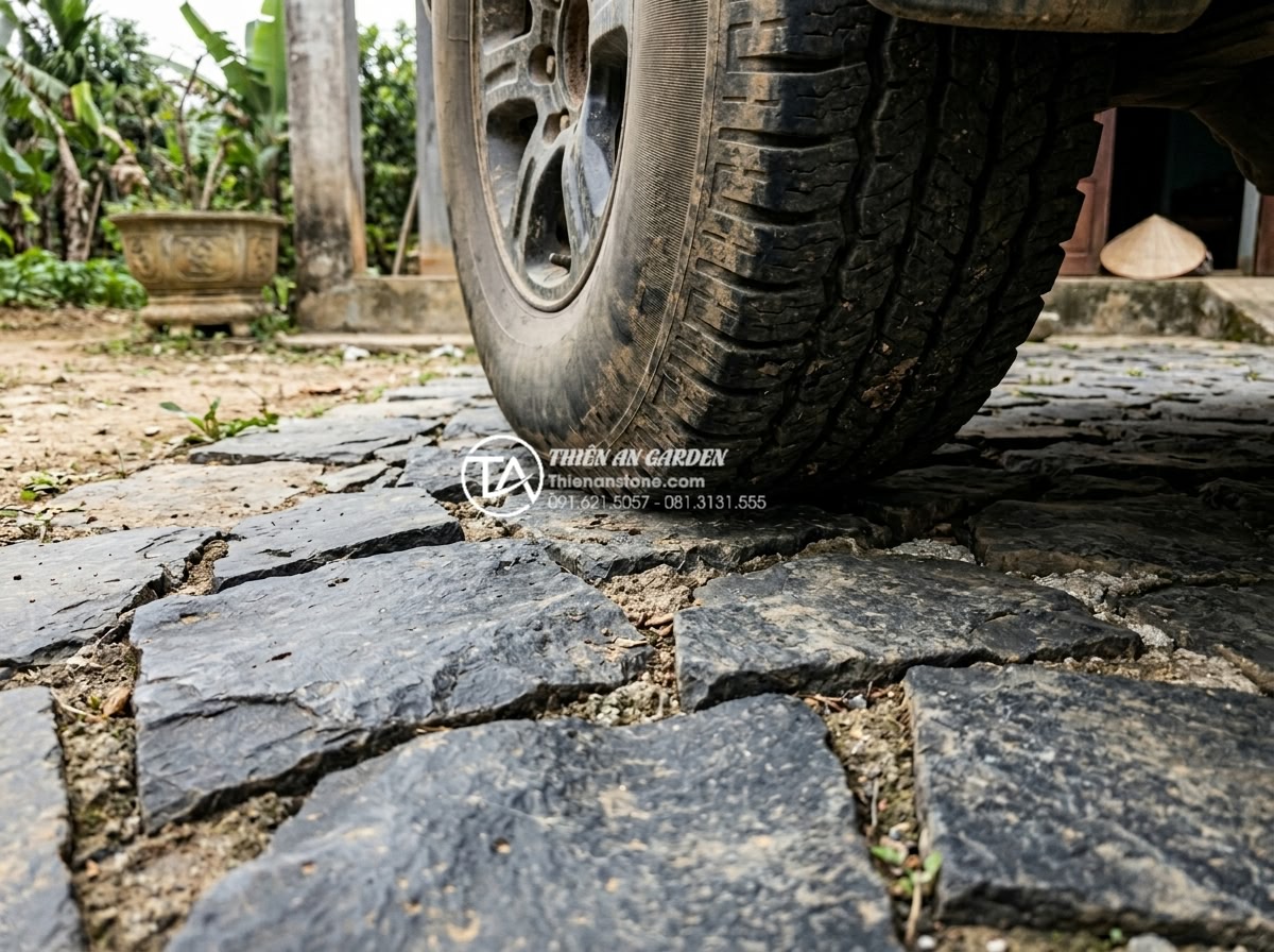 Review độ bền đá rối đen Lai Châu khi lát đường đi ô tô - Realistic simulation of heavy car tire pressure on black Lai Chau chaotic stone 