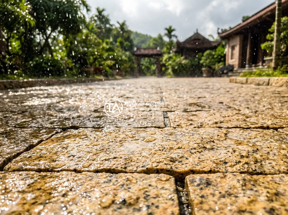 Review độ bền đá rối đen Lai Châu khi lát đường đi ô tô - Black Lai Chau stone driveway exposed to heavy rain and sunlight, illustrating w