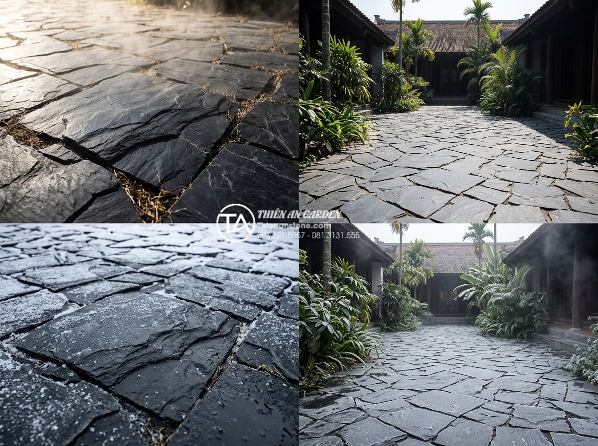 Review độ bền đá rối đen Lai Châu khi lát đường đi ô tô - Seasonal comparison of stone paving in summer heat and winter conditions, showin