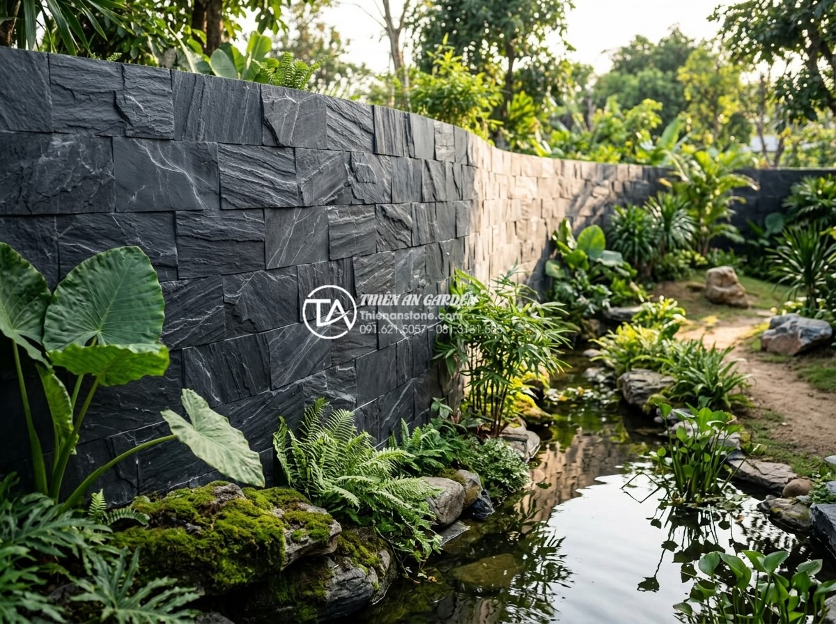 Sai lầm thường gặp khi tự thi công ốp đá rối tại nhà - Wide angle view of beautifully installed da roi stone wall in a modern Vietnames