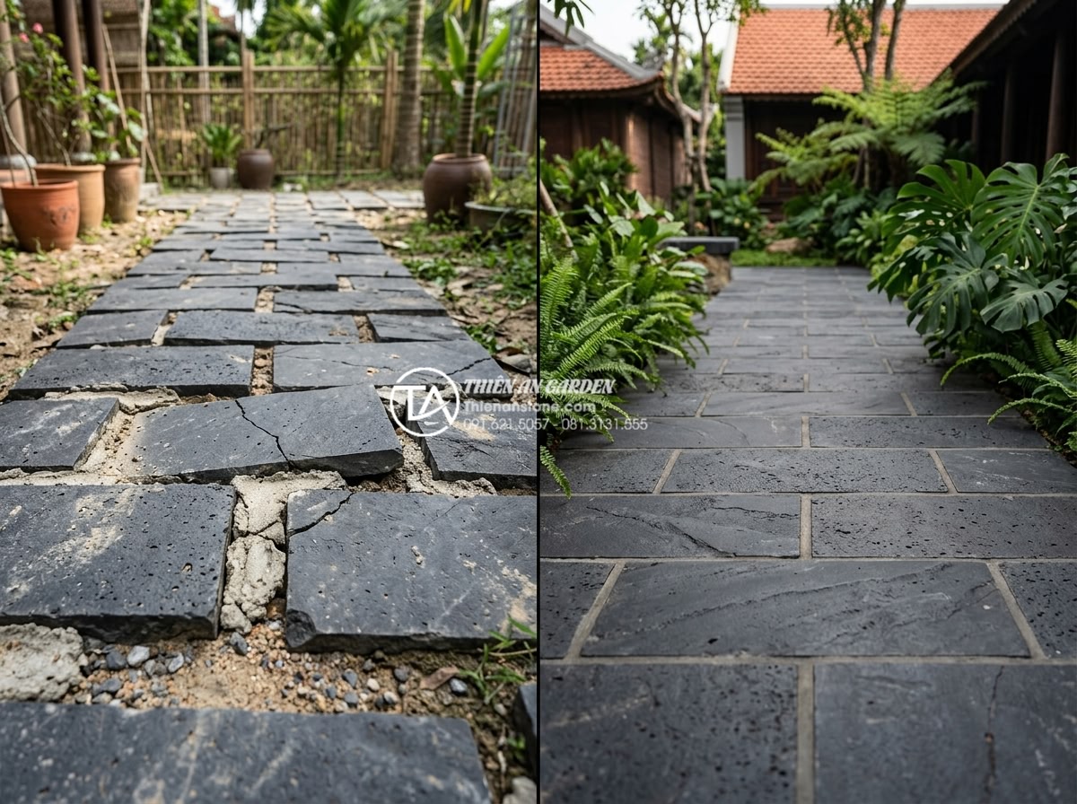 Sai lầm thường gặp khi tự thi công ốp đá rối tại nhà - Before and after comparison photo showing DIY da roi stone installation failure 