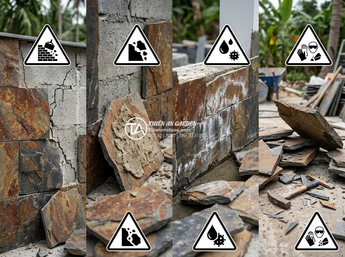 Sai lầm thường gặp khi tự thi công ốp đá rối tại nhà - Infographic style image illustrating common DIY risks in natural stone cladding 