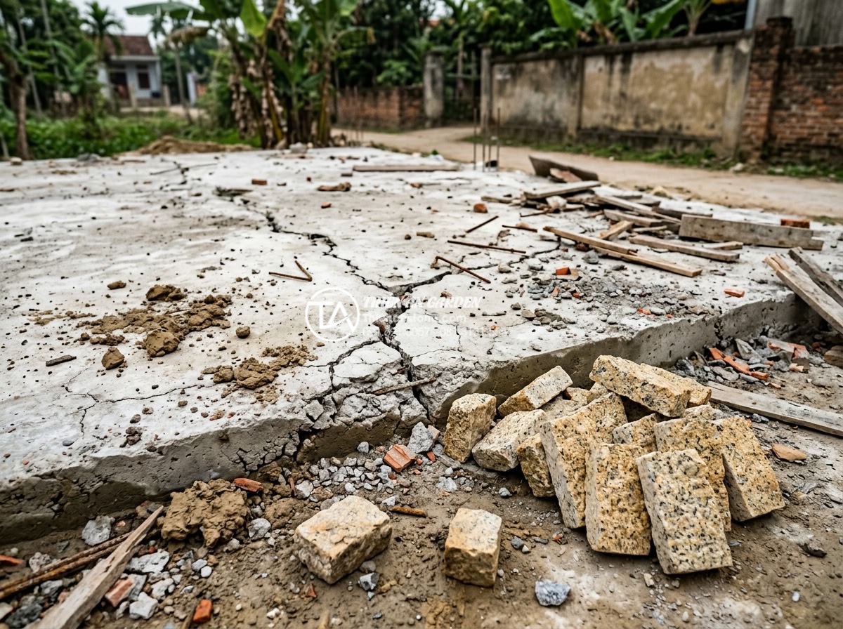 Sai lầm thường gặp khi tự thi công ốp đá rối tại nhà - Detailed photo of poorly prepared concrete foundation base with visible cracks, 