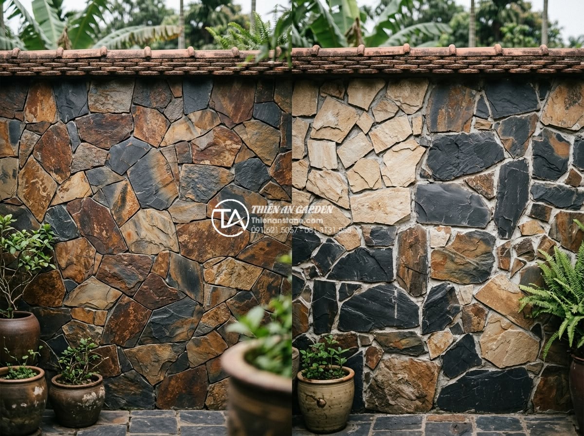 Sai lầm thường gặp khi tự thi công ốp đá rối tại nhà - Comparison image of correctly chosen da roi stones installed on wall versus mism