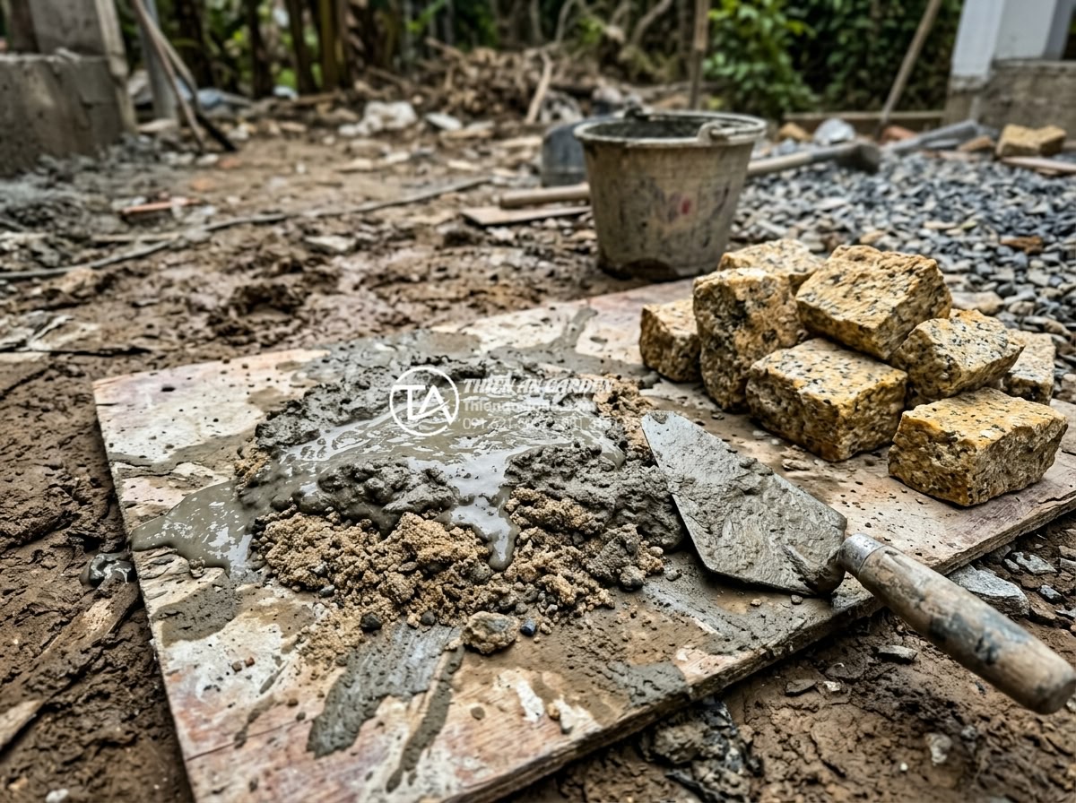 Sai lầm thường gặp khi tự thi công ốp đá rối tại nhà - Close-up of incorrect mortar mixing ratio demonstration with separated layers an