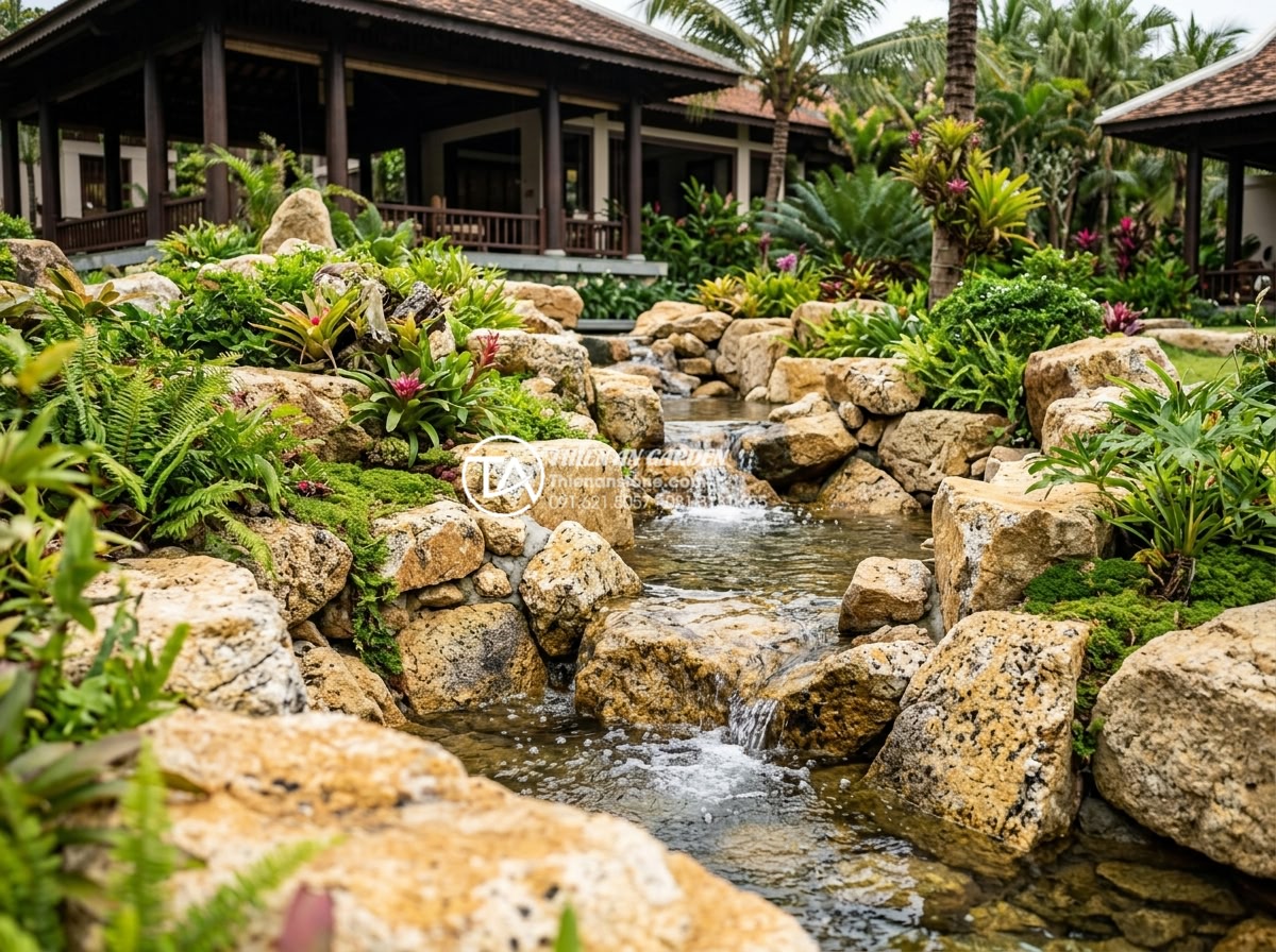So sánh đá rối đen và đá rối đa sắc Lai Châu: Nên chọn loại nào? - Multi-colored Lai Chau chaotic stones creating vibrant rock garden and water fea