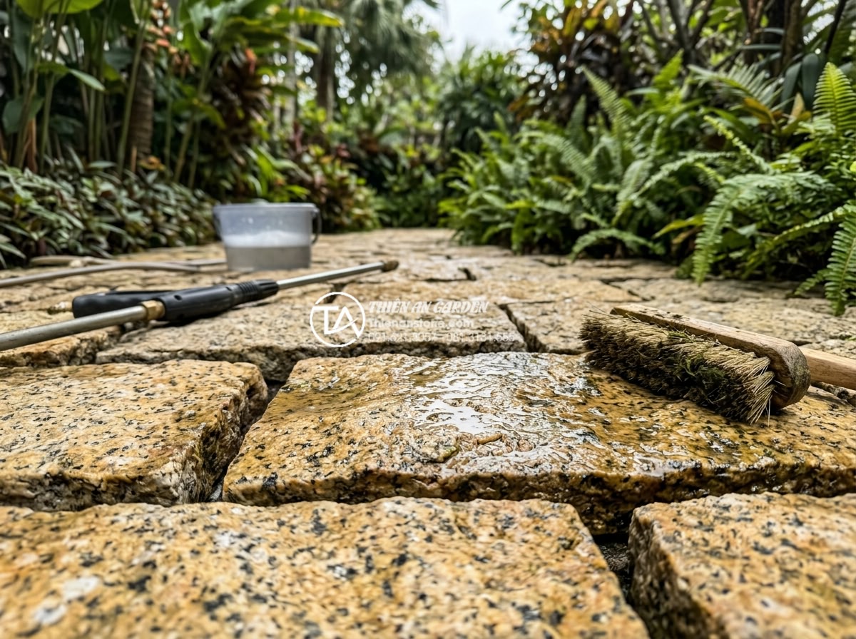 So sánh đá rối đen và đá rối đa sắc Lai Châu: Nên chọn loại nào? - Maintenance process of cleaning chaotic natural stones in a garden setting with 