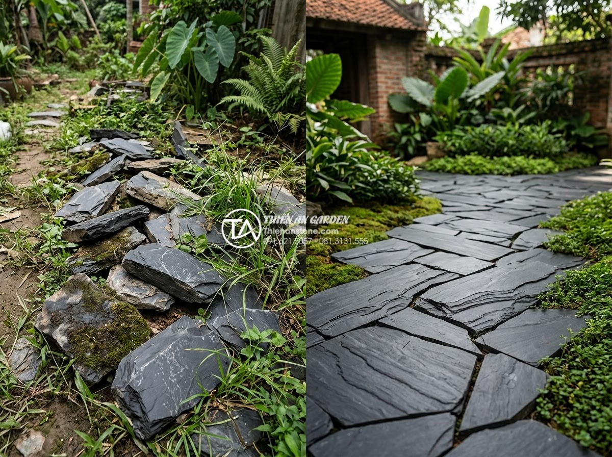 So sánh đá rối đen và đá rối đa sắc Lai Châu: Nên chọn loại nào? - Before and after images of well-maintained black and multi-colored chaotic stone