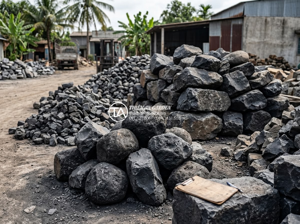 So sánh đá rối đen và đá rối đa sắc Lai Châu: Nên chọn loại nào? - Professional team selecting high-quality chaotic stones at a stone yard for cust