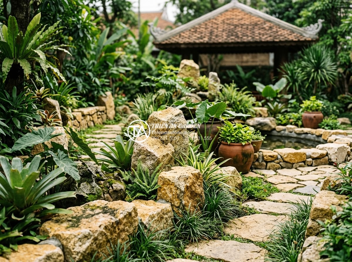 So sánh đá rối đen và đá rối đa sắc Lai Châu: Nên chọn loại nào? - Final garden scene with chosen chaotic stones creating beautiful completed lands