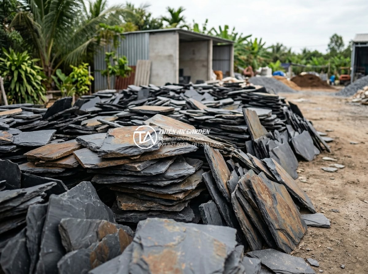 So sánh đá rối đen và đá rối đa sắc Lai Châu: Nên chọn loại nào? - Large pile of black chaotic stones stacked in a professional landscaping yard sh