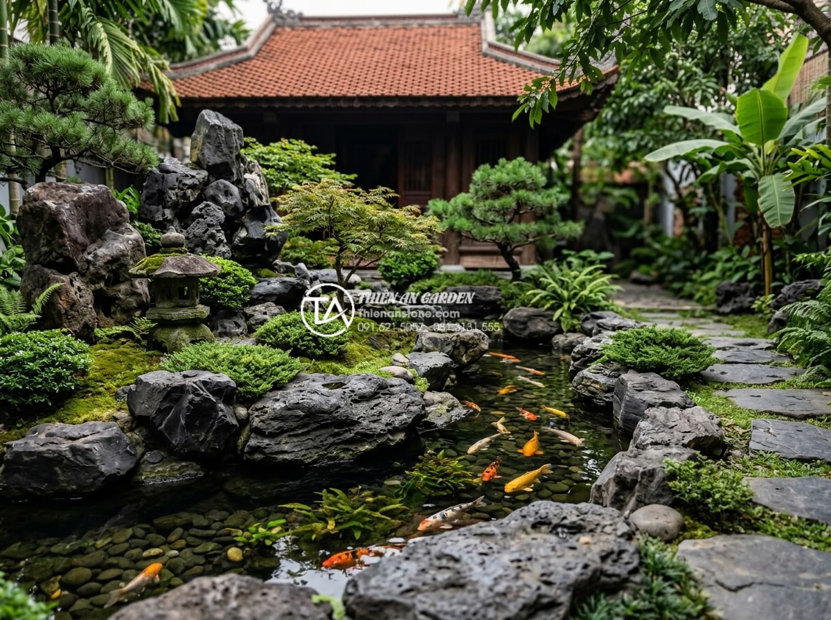 So sánh đá rối đen và đá rối đa sắc Lai Châu: Nên chọn loại nào? - Black chaotic stones used in elegant Japanese-style garden with koi pond and roc