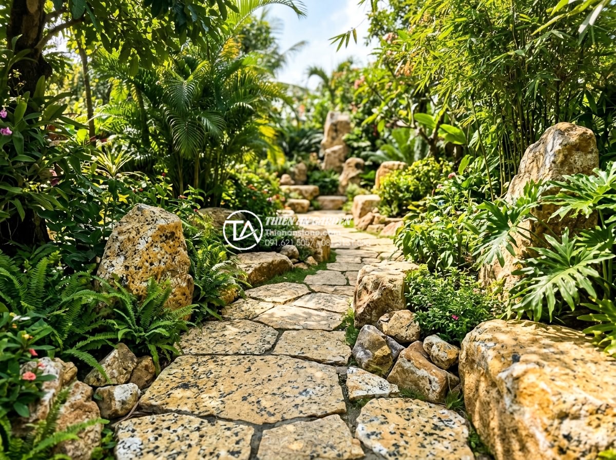 Sự kết hợp giữa đá rối đa sắc và cây xanh trong thiết kế sân vườn - A vibrant garden landscape featuring multi-colored chaotic stones from Lai Chau 