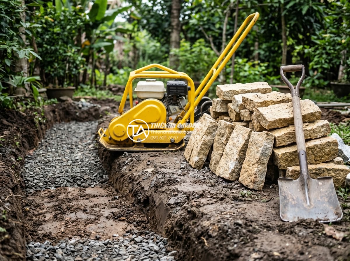 Sự kết hợp giữa đá rối đa sắc và cây xanh trong thiết kế sân vườn - Step-by-step construction process of paving multi-colored chaotic stones with gr
